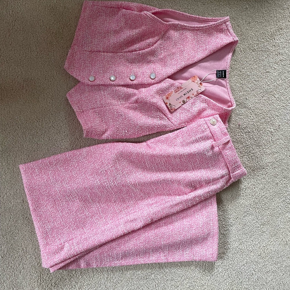 Pink Tweed Skirt and Vest Set